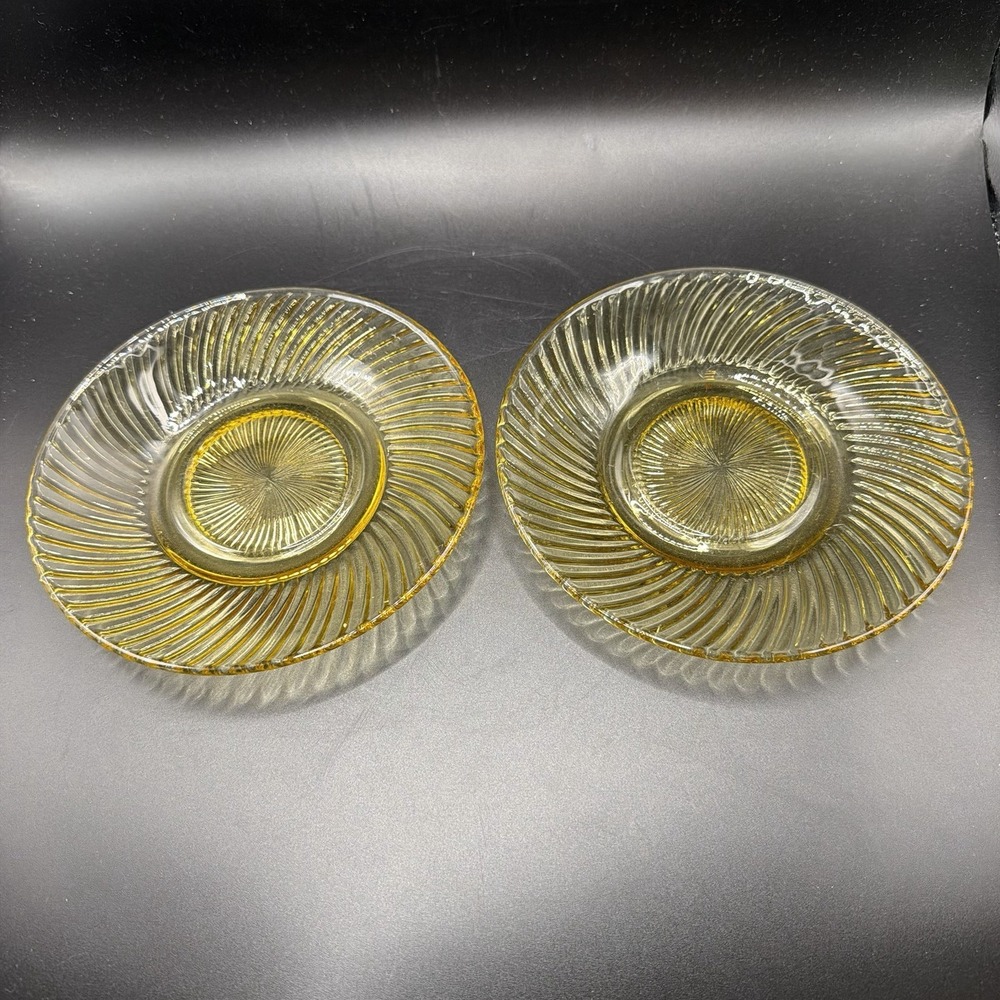 Vintage Federal Glass Co Pressed Glass Saucers Amber Diana Swirl Pattern S/2
